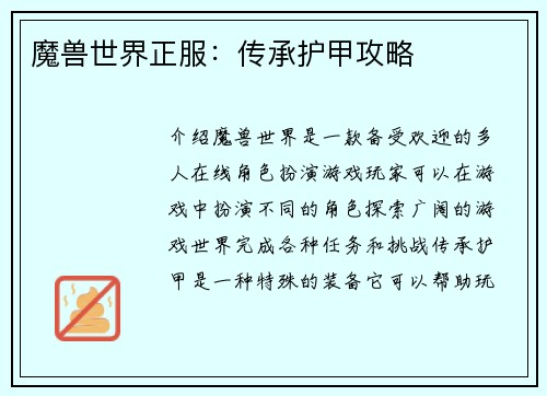 魔兽世界正服：传承护甲攻略