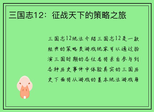 三国志12：征战天下的策略之旅