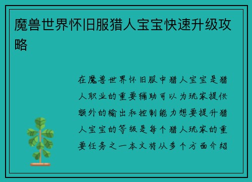 魔兽世界怀旧服猎人宝宝快速升级攻略